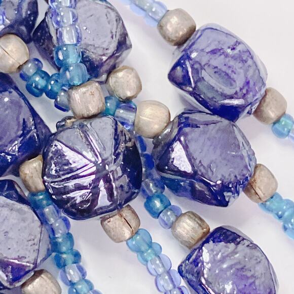 Vintage Glass Bead Tassel Necklace Blue Multi Strand Bohemian Artisan Jewelry - Picture 13 of 13